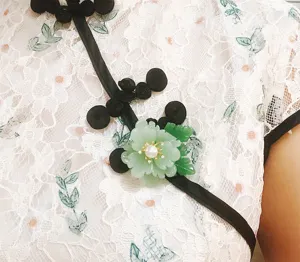 Vintage green glass flower pearl brooch for cheongsam hanfu retro elegant dress accessory