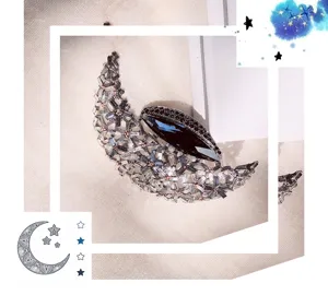 Vintage Crystal Moon Brooch Elegant Sparkly Rhinestone Sweater Scarf Pin Jewelry