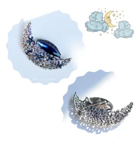 Retro blue crystal moon brooch vintage filigree silver pin sweater scarf clothing accessory