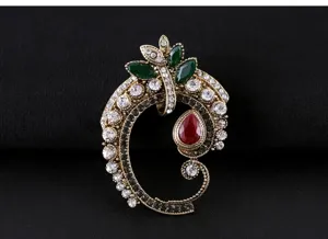 Detailed closeup of a vintage baroque style women brooch with sparkling rhinestones and red gem.
