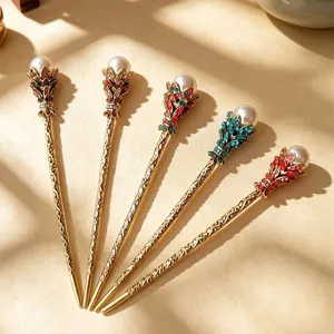 Vintage Alloy Rhinestone Flower Hair Stick Retro Artificial Pearl Lotus Tulip Hairpins For Hanfu Ancient Costume Updo Styling Women Hair Accessories