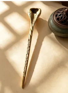 Vintage golden snake hairpin detail view, elegant alloy hair stick for bridal buns.