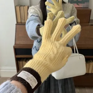 Women Winter Warm Knitted Gloves Touch Screen Color Block Splicing Daily Outdoor Riding Thermal Elastic Mittens