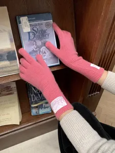 Nahaufnahme von gemütlichen rosa Strickhandschuhen mit Etikett, warm und stilvoll für Damen.