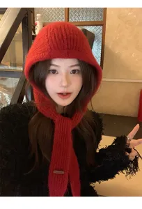 Koreanische Mütze Schal Kombi Damen, warme Strick Plüsch Kapuze für kalte Wintertage.