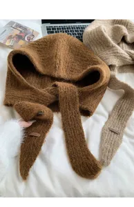 Koreanische gestrickte Balaclava Mütze Schal 2in1, kuschelige Herbst Winter warme Kapuze Kopfbedeckung.