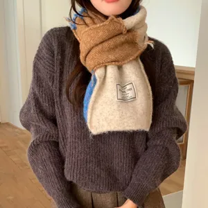 Damen Koreanischer Stil Wollmischung Patchwork Schal Kontrastfarbe Strick Halswärmer Winter Warm Vielseitiger Schal Mit Stoffetikett