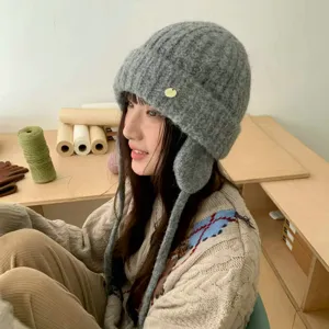 Koreanische Winter warme Strick Ohrenklappen Mütze für Damen, bequeme Woll Bombermütze.
