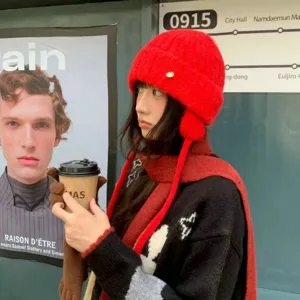 Koreanische Winter Strick Mütze Damen warme lässige Ohrklappen Beanie süße rote Kappe stylisch