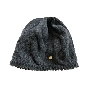 Dark grey wool cable knit beanie for women, warm winter cold hat with classic texture.