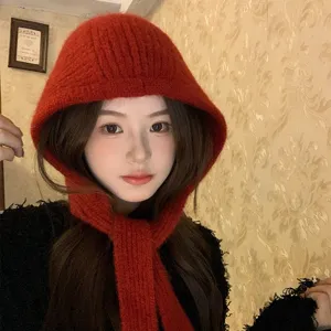 Rote gestrickte Balaclava Mütze und Schal Winter warm Damen koreanischer Stil Hauptansicht