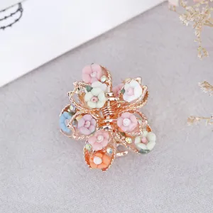 Polymer clay rose vintage small hair claw clip alloy floral mini grip for women hair styling.