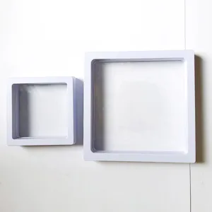 White square PE film floating jewelry display box for rings, bracelets, and brooches.
