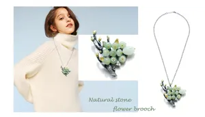 Exquisite vintage natural stone flower brooch and necklace detail view, elegant jewelry.