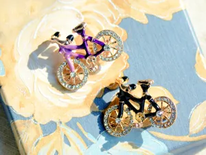 Exquisite rhinestone bicycle brooch set, retro purple and black metal pin for clothes hats bags.