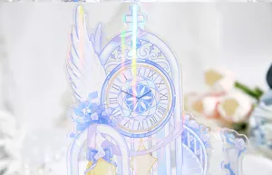 Ästhetischer Acryl-Abzeichen-Display-Ständer, verträumtes Uhren- und Flügel-Design, Laser.