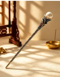 Exquisite vintage rhinestone pearl hair stick detail shot for traditional Chinese hanfu styling.