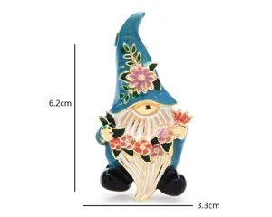 Vintage enamel garden gnome brooch pin with colorful flowers, cute dwarf clothing accessory.