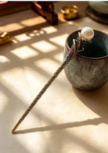 Vintage metal hair stick with pearl and rhinestones, elegant Chinese style hairpin for Hanfu.