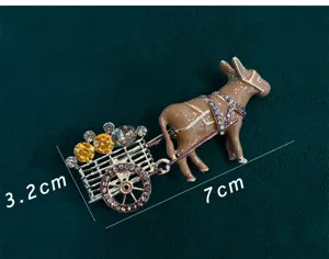 Vintage donkey cart brooch rhinestone crystal enamel animal pin fashion jewelry accessory