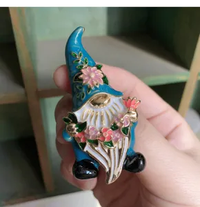 Vintage enamel gnome brooch cute garden dwarf lapel pin with flower decor for women clothing accessories