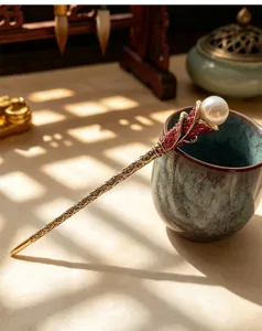 Vintage rhinestone hair stick lotus hairpin flower hair fork for hanfu styling item
