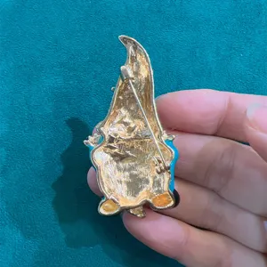 Back detail view of vintage enamel gnome brooch pin, cute cartoon character jewelry accessory