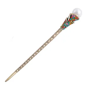 Vintage retro rhinestone hairpin antique brass finish pearl hair stick for women Hanfu