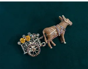 Vintage donkey cart brooch pin crystal rhinestone enamel animal lapel pin sweater coat accessory