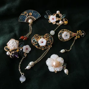 Chinesischer Vintage Stil Brosche Set handgemachte Blume Perle Quaste Kleidung Zubehör