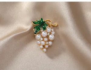 Elegant pearl grape brooch with green enamel leaf and crystal rhinestones for women.