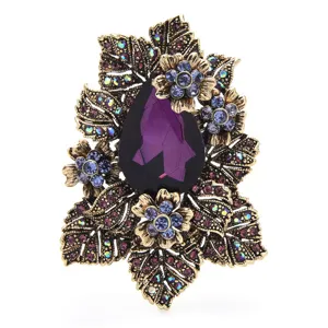 Vintage purple teardrop crystal brooch antique gold flower pin suit jacket accessory
