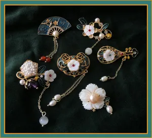 Chinesische handgefertigte Vintage Brosche Set mit Perlenquasten für Hanfu Kleidung Dekor.