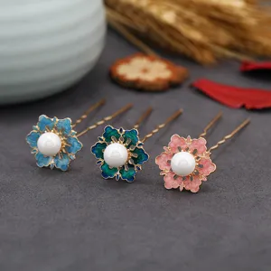 Horquilla para el pelo con flor de estilo cloisonne chino y perla blanca para Hanfu y estilo retro.