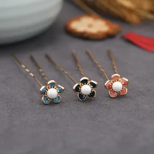 Horquillas para el pelo florales chinas tradicionales en forma de U con perlas y aceite.