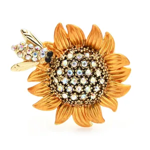 Vintage Sunflower Bee Brooch Crystal Rhinestone Scarf Pin Fashion Jewelry Coat Accessories