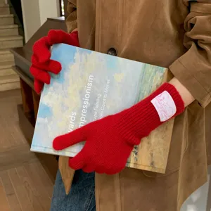 Koreanische einfarbige Wollhandschuhe mit Etikett, geteilte Finger für Touchscreen im Winter.