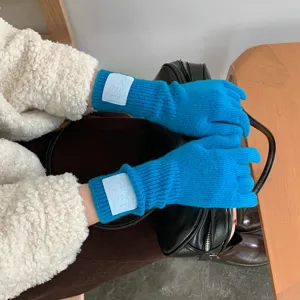 Koreanischer Stil blaue Strick-Touchscreen-Handschuhe mit weißem Etikett für Damen.