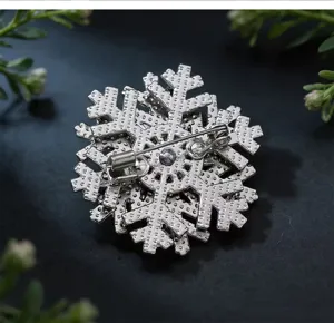 Detaillierte Rückansicht einer kreativen drehbaren silbernen Schneeflocke Broschennadel für Mäntel.