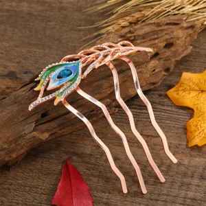 Vintage peacock feather hair comb with rhinestones, elegant bridal hair accessory for Hanfu.