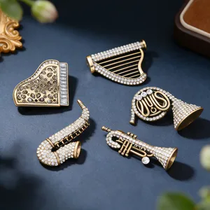 Vintage Musical Instrument Brooch For Women Men Alloy Rhinestone Piano Saxophone Harp Trumpet Horn Retro Lapel Pin Jewelry