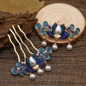 Magnifique peigne à cheveux en émail bleu vintage avec pampilles de perles pour Hanfu.
