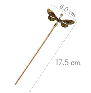 Vintage enamel dragonfly hair stick detailed view, elegant copper hair fork for women hair styling.