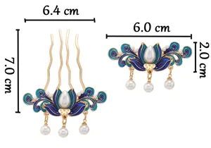 Bel ensemble de peigne et pince à cheveux à pampilles en émail style chinois avec perles élégantes.