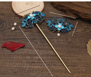Chinese vintage blue enamel hair sticks and floral clips set with pearl tassels for Hanfu.