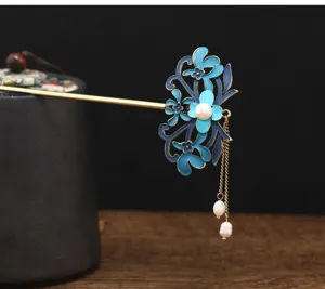 Exquisite blue enamel floral hair stick with pearls and tassels, vintage Chinese style hairpin.