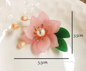 Pink glazed flower brooch with pearls and green leaves, retro cheongsam Hanfu jewelry accessory.