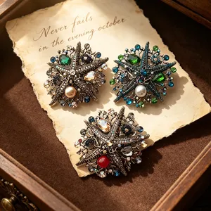 Vintage Oversized Starfish Brooch Inlaid Rhinestone Artificial Pearl Alloy Marine Animal Jewelry Accessory For Women Men