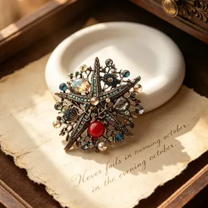 Vintage oversized rhinestone starfish brooch alloy lapel pin for women fashion