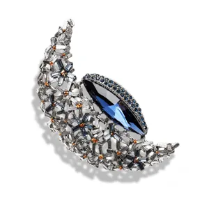 Retro crystal moon brooch for women, elegant dark blue rhinestone alloy sweater pin jewelry.